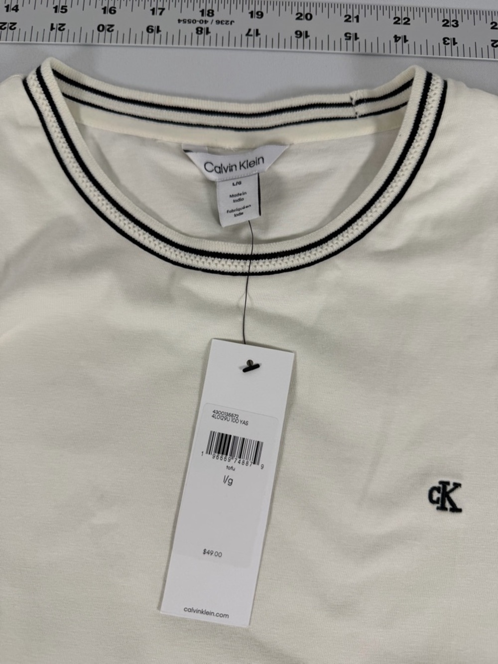 Calvin Klein Cream Short-Sleeve Logo Tee with Striped Collar - Picture 3 of 6